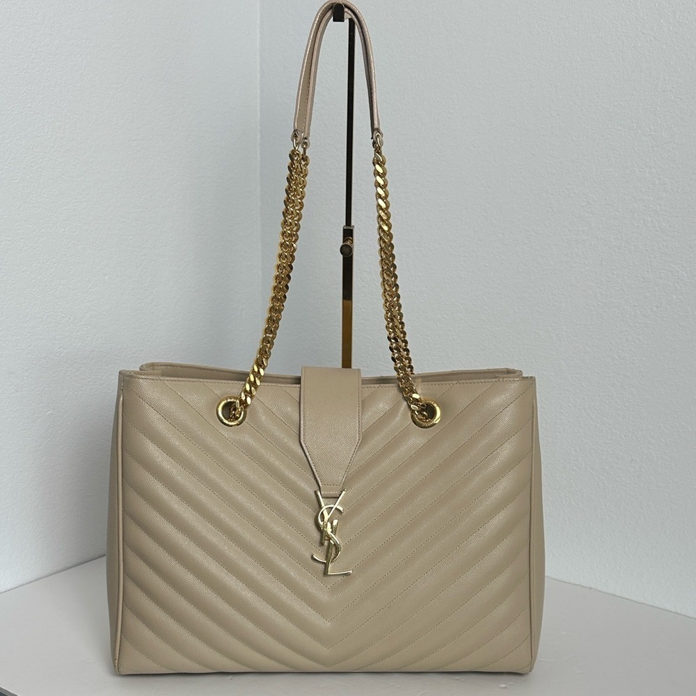 Saint Laurent YSL Monogram Chevron Shopping Tote – Beige with Gold Hardware